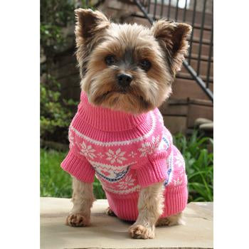 Combed Cotton Snowflake and Hearts Dog Sweater - Pink